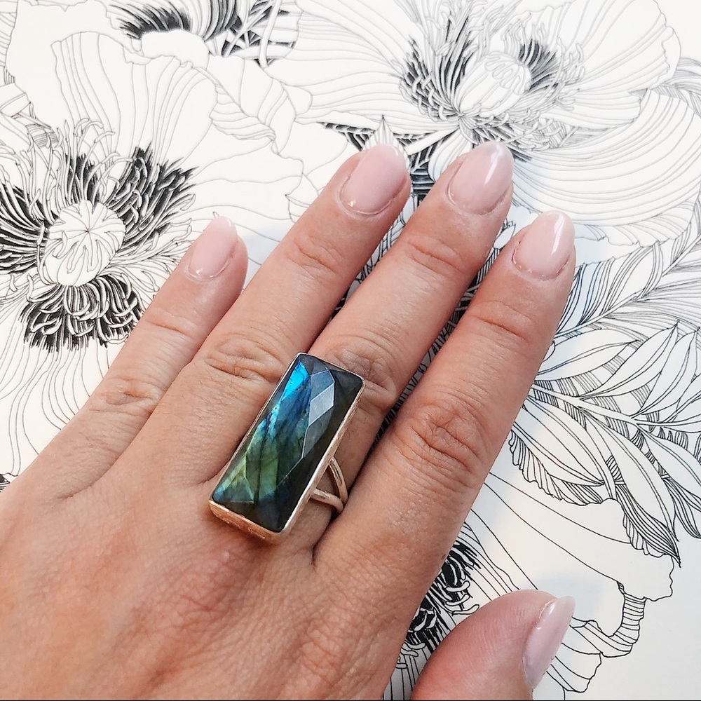 Iridescent Labradorite Geometric Statement Ring Sv - image 1